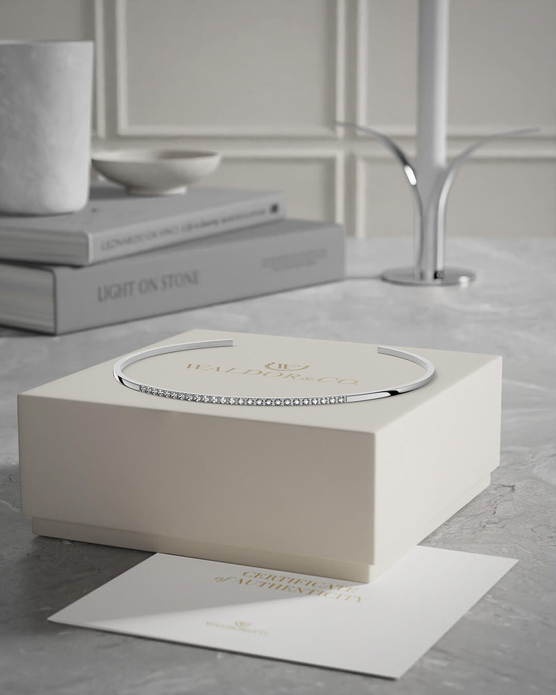 A Bangle in Rhodium-plated 316L stainless steel from Waldor & Co. One size. The model is Bliss Bangle Polished.A Bangle in Rhodium-plated 316L stainless steel from Waldor & Co. One size. The model is Bliss Bangle Polished.