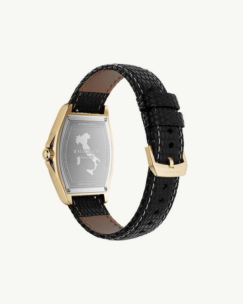 A square mens watch in rhodium-plated silver from Waldor & Co. with black sunray dial. Seiko movement. The model is Conceptual 37 Antibes 29x43mm.
