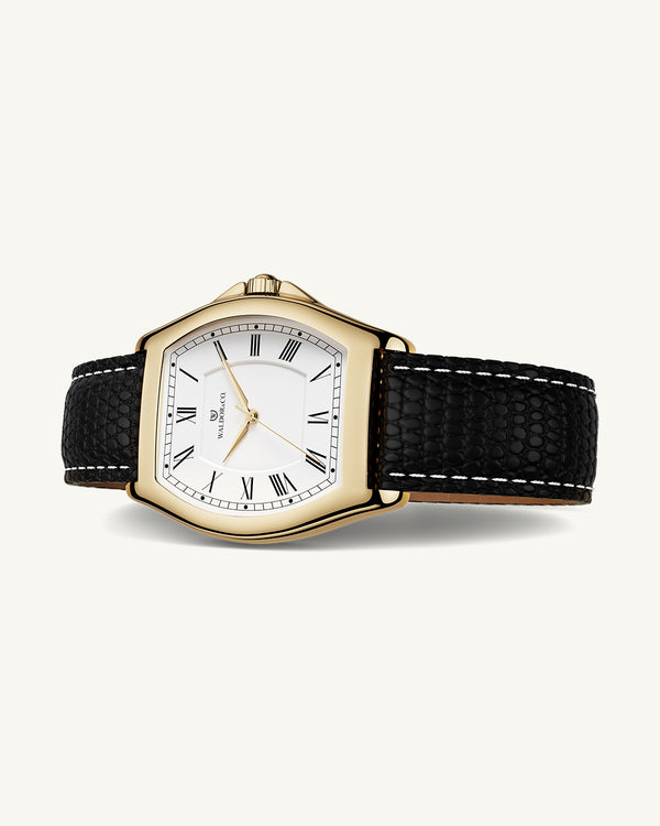 A square mens watch in rhodium-plated silver from Waldor & Co. with black sunray dial. Seiko movement. The model is Conceptual 37 Antibes 29x43mm.