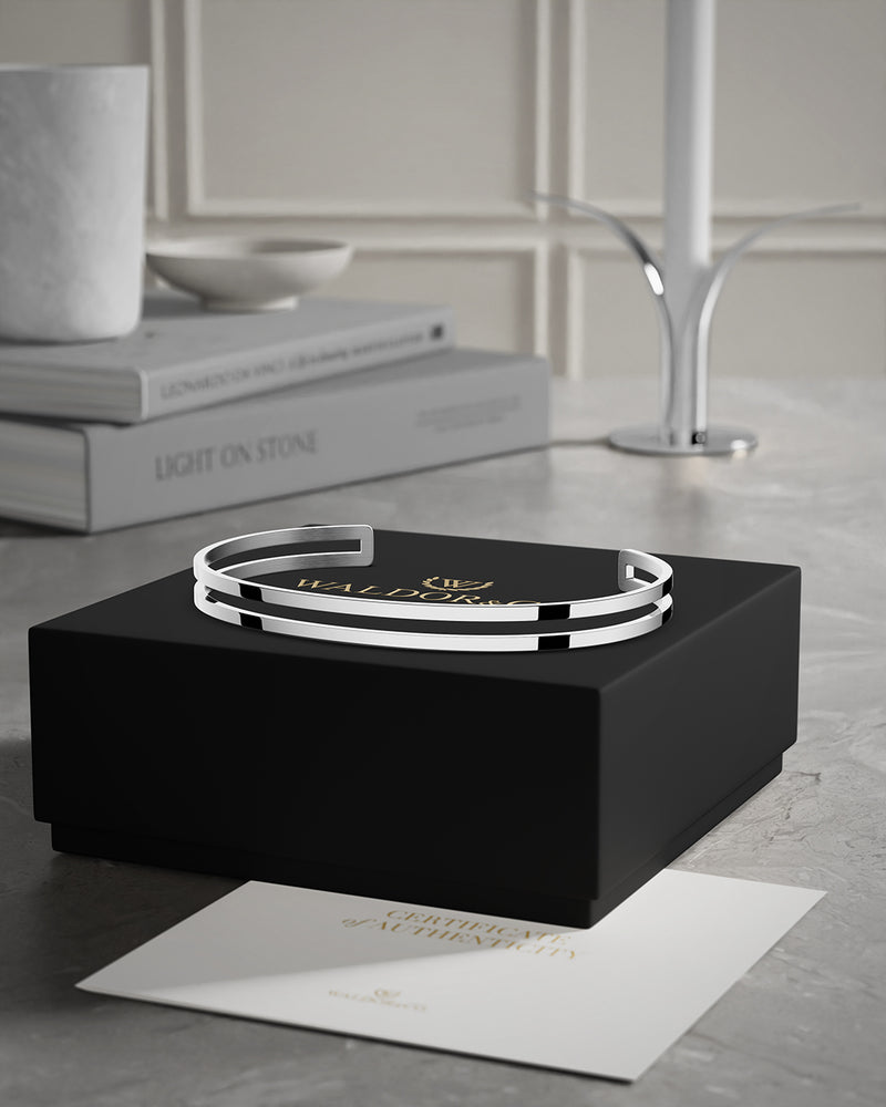  A Bangle in polished silver 316L stainless steel from Waldor & Co. One size. The model is Dual Bangle Polished.
