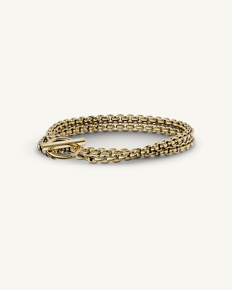 A 14-k gold plated stainless steel chain in silver from WALDOR & CO. The model is Dual Chain Polished.
